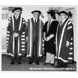 Honorary Master of Science, Mr K. N. G. Simpson of department of Zoology (second from right) with Vice-Chancellor Dr Louis Matheson (left); Governor and University Visitor, Sir Henry Winneke; and Deputy Chancellor Mr Ian Langlands