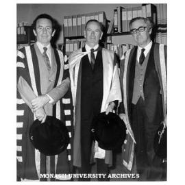 Honorary Doctor of Laws Dr F. G. Lennox (centre) with Pro-Vice-Chancellor Professor John Swan (left) and Chancellor Sir Richard Eggleston