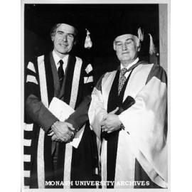 Honorary Doctor of Laws Sir Sydney Sunderland (right) with Vice-Chancellor Professor Ray Martin