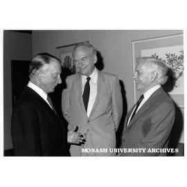 Honorary Doctor of Laws Mr Hugh Stretton with Chancellor Sir George Lush (left) and Professor John Legge (right)