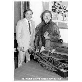 Professor Ray Martin (left) with sculptor Matcham Skipper and University Mace