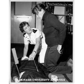 St John's Ambulance instructor Mandy Gibbs giving Marion Harland tips on first aid