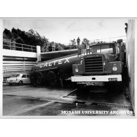 Accident scene in ramp at western end of Menzies building