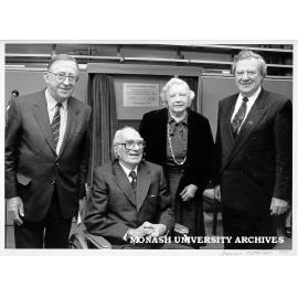 Chancellor Bill Rogers (left), Sir Louis Matheson, Audrey Matheson and Vice-Chancellor Professor Mal Logan pictured at naming of Sir Louis Matheson Library