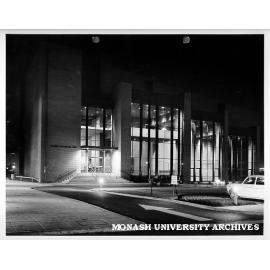 Robert Blackwood Hall front entrance at night