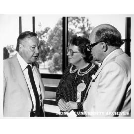 Actor Charles 'Bud' Tingwell with Parents' Group President Mrs Wilma Atkins and Robert Blackwood Hall manager Mr Don Vincent