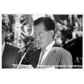 President of Friends of Monash, Dr Edward Shen at presentation of teak benches for Botany System Garden