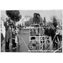 Winning Box Hill High School students after marathon bed-push around ring road
