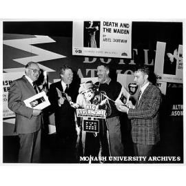 Launch of 1993 Theatre season. Reg Livermore 'launches' the season watched by Phil A'Vard (left), Professor Mal Logan, Mr Carillo Gantner, and Mr Chris Pupe