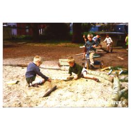 Children playing in sandpit, Birch Cottage