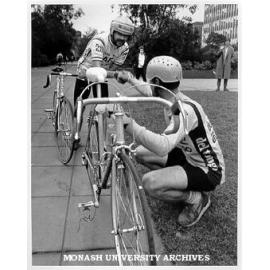 Winning cyclist Brendan Boyce shaking hands with runner-up Peter Starkie