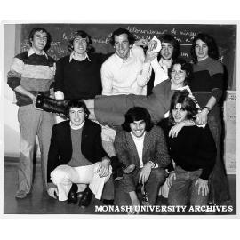 Members of French/Spanish Club preparing for Union Night. Matt Fanning, David Head, Colin Truslove, Graeme Truslove, Gerald Fitzgerald, Geoff Rushworth, Dave Clark and Michael Kirkpatrick, with choreographer Sandi Givens