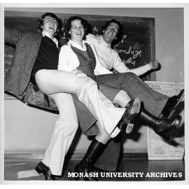 Members of French/Spanish Club practicing for Union Night, Colin and Graeme Truslove with choreographer Sandi Givens