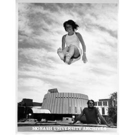 Trampolining, Orientation Week, Jenny Hoskings on trampoline, Gary Jenkins looking on