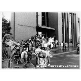 Students protesting outside Robert Blackwood Hall