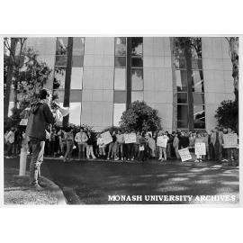 Students protesting outside Robert Blackwood Hall