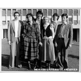 Monash and Cambridge debating teams, from back left: Tony Boffa, Andrew Mitchell, Mark Walker; front: Daphne Romney, Marla Gwynne and Daniel Janner