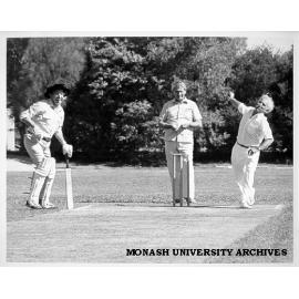 Professorial Board cricket match, Professors John Swan (left) and Owen Potter (right)