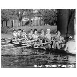 Monash Rowing Club's Senior Eight training on the Lower Yarra