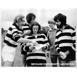 Administration football match - Cunningham's Cuties. Hal Skinner (left), Neil Robertson, Lyn Shiells, Bridgid Presieg and Ian Bloomer