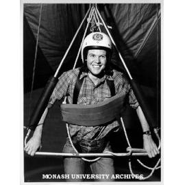 Student John Murby demonstrating hang gliding, Orientation Week