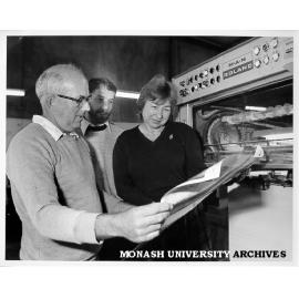 Production of Student Employment Service brochure, Irmgard Good with supervisor Ron Rodgers and printer Steven Sealey