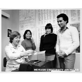 Student Employment Officer Irmgard Good with students, Noriah Taslim, Danielle Chepeau, and Robert Kaldawi