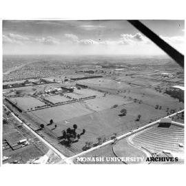 Aerial view of Clayton campus, September 1960, drive-in in right foreground