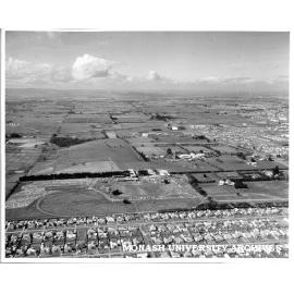 Aerial view of Clayton campus, September 1960, Beddoe Avenue and houses in foreground