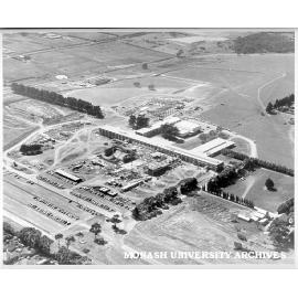 Aerial view of Science buildings under construction, March 1961, from south-west