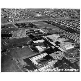 Aerial view of completed Science buildings, July 1962, with Engineering buildings under construction in foreground and Humanities building centre left