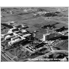 Aerial view of building construction, July 1962, from south west with Medicine building in foreground and Vice-Chancellor's house in bottom right hand corner