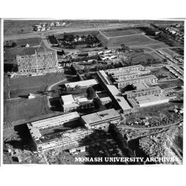 Aerial view of building construction, 16 July 1962,from north with Engineering in foreground and Vice-Chancellor's house in background