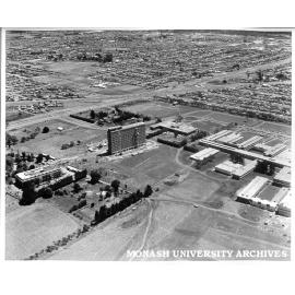 Aerial view of buildings, 21 January 1963, from north east, with Main library on left and Engineering on right