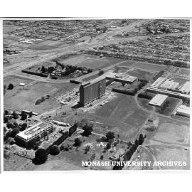 Aerial view of buildings, 21 January 1963, from north east, with Main library in left foreground