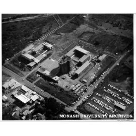 Aerial view of halls of residence, April 1966, with corner of Blackburn and Normanby roads in foreground