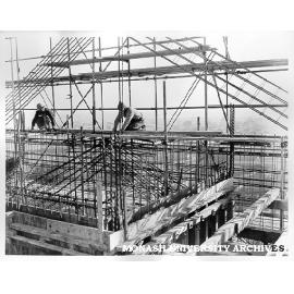Construction workers shear wall reinforcing, Humanities building, 12 July 1962