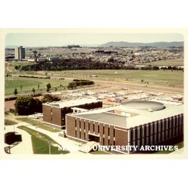 University Offices, December 1972, buildings a and b, Halls of residence in background