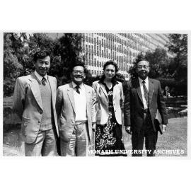Visitors from Chinese Academy of Social Science. Professors Li Shougui and Li Wenquan, with Dr Y. T. Sun (left) head of Monash Association of Chinese Students and Academics, and guide and interpreter Ms Jennifer Grant