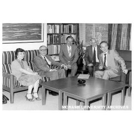 Soviet science delegates Mrs Anna Santalova and Mr Vladimir Volgin (left) and Mr Aleksandr Serdyuk (right) with Vice-Chancellor Professor Martin and Dean of Arts Professor Legge