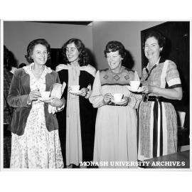 Graduation visitors. Victorian Opposition Leader's wife Mrs Jean Thompson (left), her daughter-in-law Theana, Premier's wife Mrs Nancye Cain, and Vice-Chancellor's wife Mrs Rena Martin