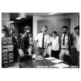 Springvale Legal Service 15th Anniversary. Victorian Attorney-General Mr Andrew McCutcheon (centre) with service Co-ordinator Mr Simon Smith (left) and MLA for Springvale Mr Eddie Micallef