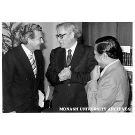 Professor C. G. Weeramantry (right), Chancellor Sir Richard Eggleston and Bob Hawke