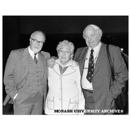 Author Kylie Tennant (centre) with Dr Clem Christesen (left) and Dr Stephen Murray-Smith (right) after awarding of honorary Doctor of Laws