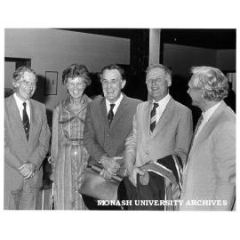 Sir Robert Hanbury Brown (centre) after award of honorary Doctor of Science with Mrs Hanbury Brown, Vice-Chancellor Professor Ray Martin (left), Professor Ron Brown (second right) and Deputy Vice-Chancellor Professor Kevin Westfold