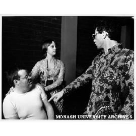 Rehearsal for 'Sekda'. Indonesian literature students, from left: Paul Tickell, Julie Giblett, Andrew Bird