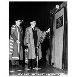 Governor General Sir Zelman Cowen unveiling plaque at inauguration of Louis Matheson Pipe Organ with Chancellor Sir Richard Eggleston