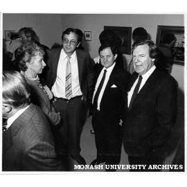 Guests at opening of University Gallery. Vice-Chancellor Professor Mal Logan (right), Comptroller Mr Peter Wade (centre), senior lecturer in Geography Dr Kevin O'Conner