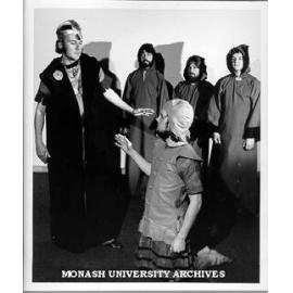 Scene from 'Antigone'. Peter Fitzpatrick as Creon, Tom Scott as Guard, Elders - Chris McInerny (left), Ian Hamilton, William Potts