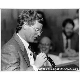 Victorian Treasurer Mr Rob Jolly displaying Monash tie at launch of chair in Public Sector Management